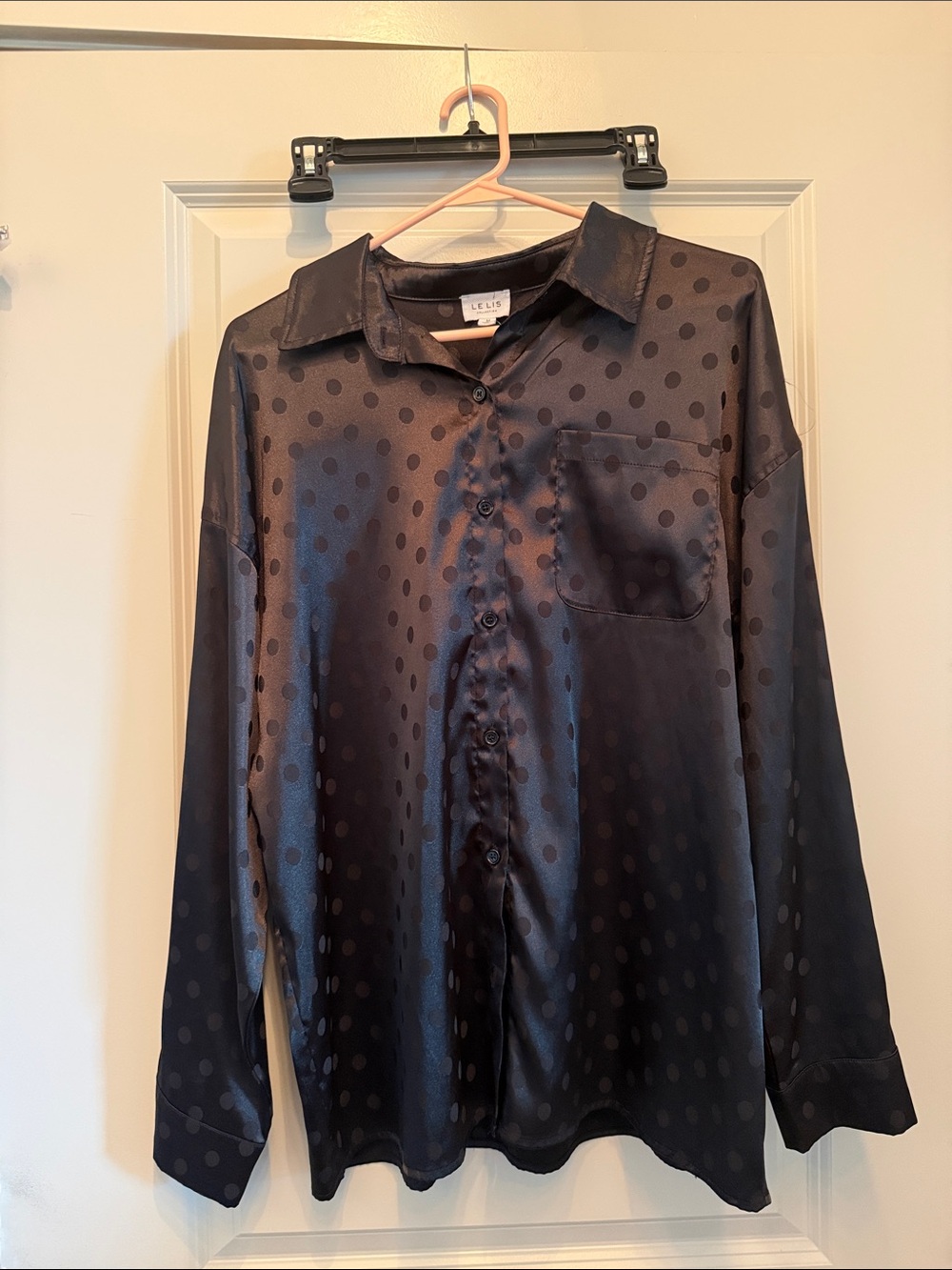 Black Polka Dot Satin Button-Up Shirt